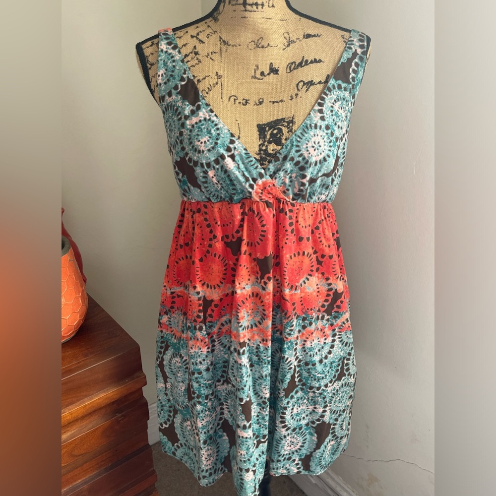 Old Navy Turquoise & Coral Patterned Double V-neck Mini Dress